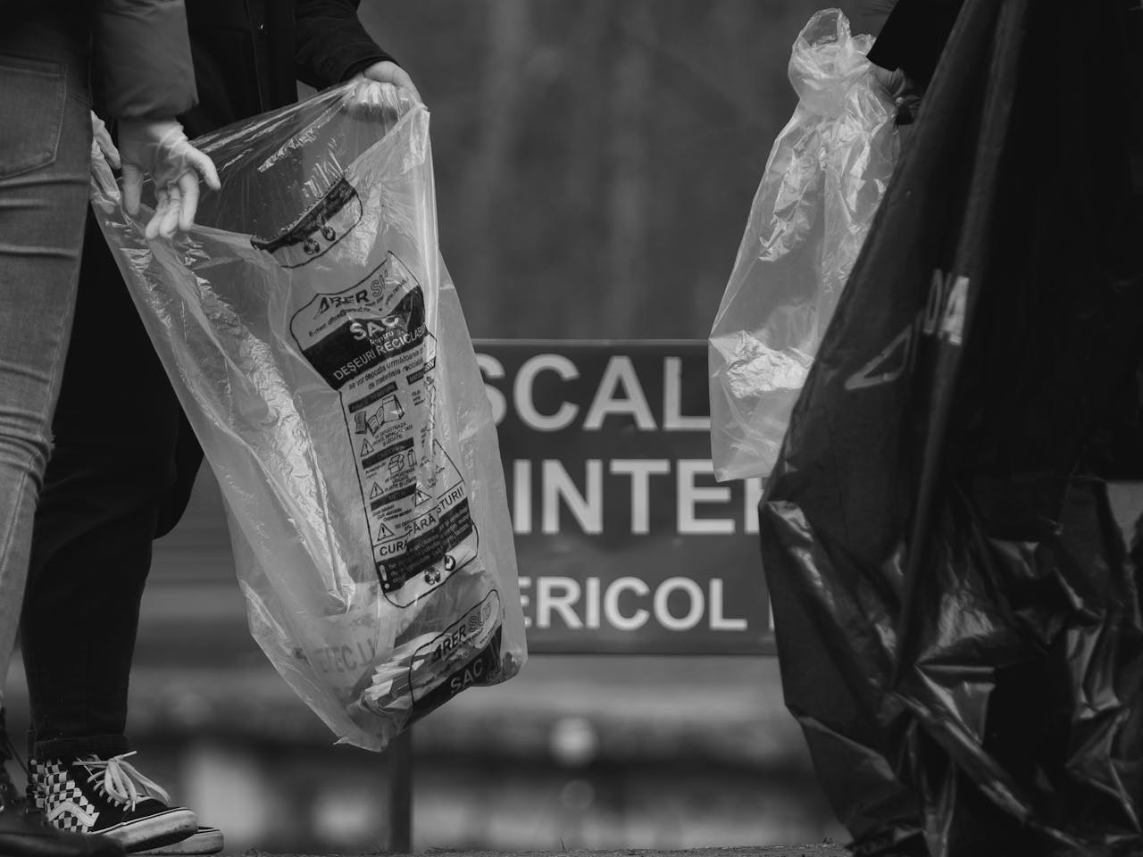 Group of people holding garbage bags during community cleanup in black and white.